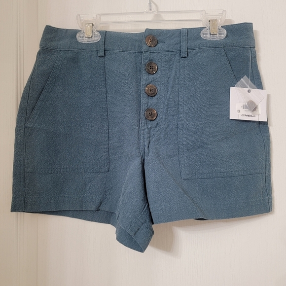 O'Neill Size 27 Dark Teal Blue High Waisted Button Front Linen Blend Shorts, NEW - Picture 1 of 10